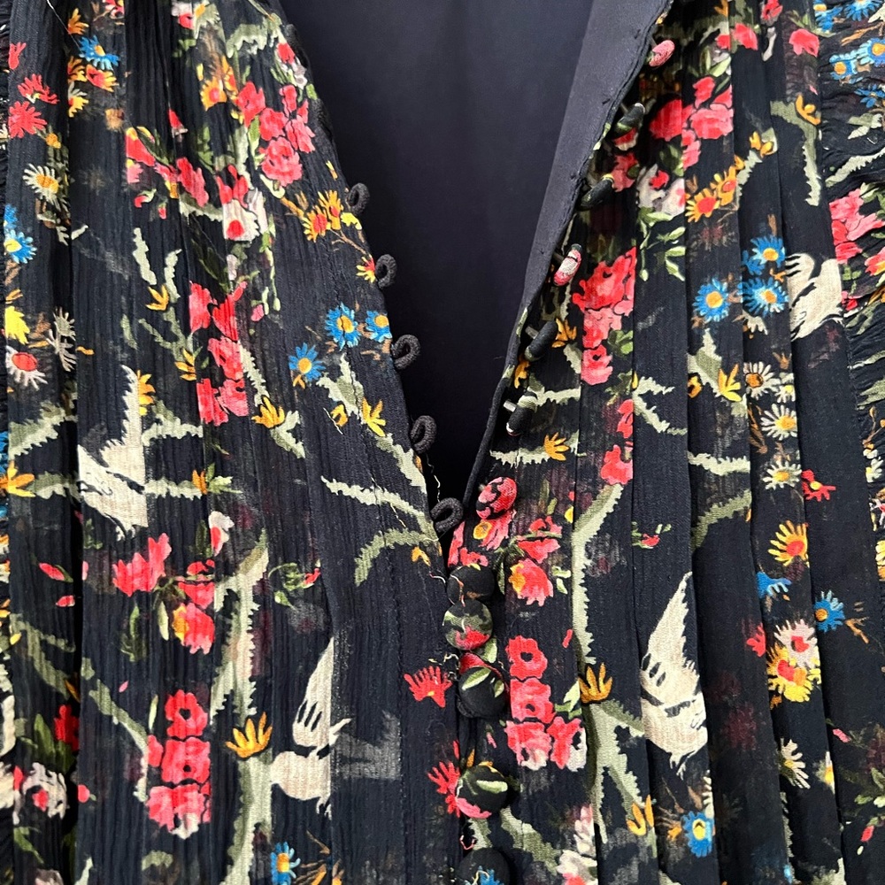 The Kooples Avian & Floral Print Silk Shift Swing Long Sleeve Dress - 2 / M - Picture 6 of 11